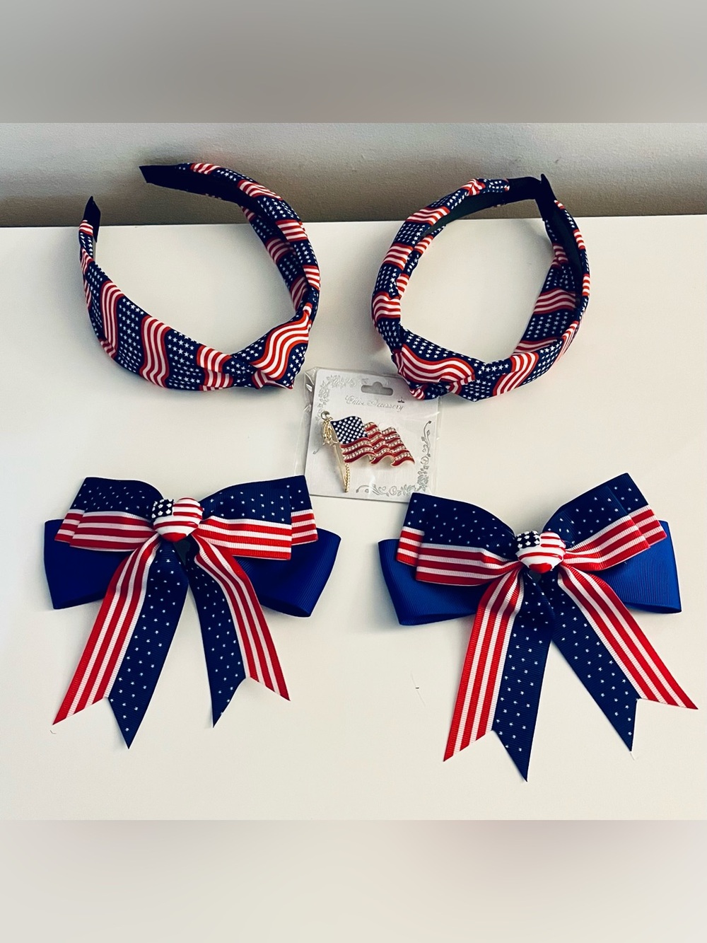 Patriotic  Hair Set with American Flag Bows and Headbands & Flag Brooch!